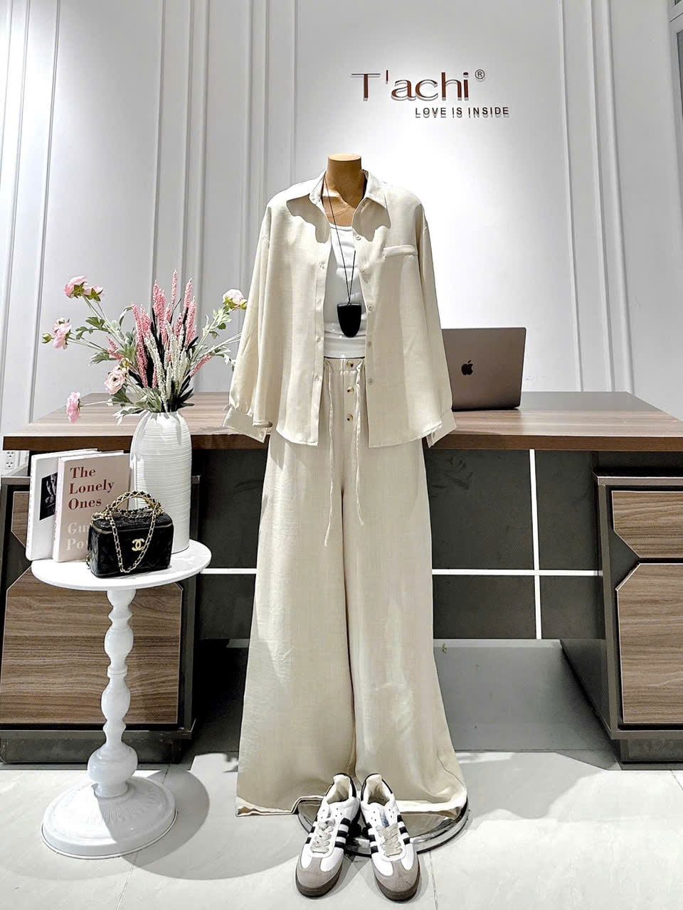  Set Ba Món Nữ Linen Áo Sơ Mi + Áo Ba Lỗ Mix Quần Suông Dài 
