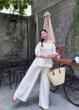  Set Nữ Linen Áo Trễ Vai Tiểu Thư Mix Quần Suông 
