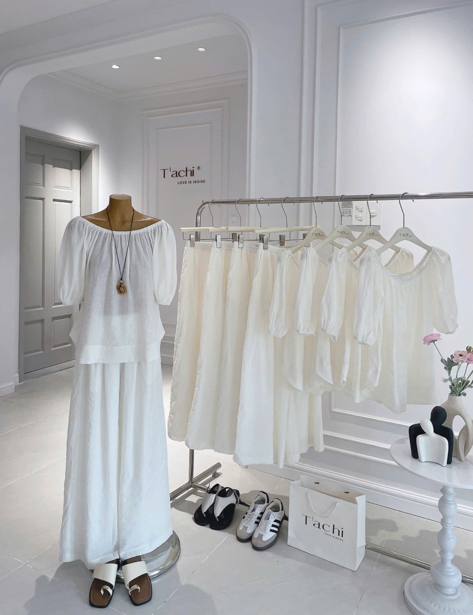  Set Nữ Linen Áo Trễ Vai Tiểu Thư Mix Quần Suông 