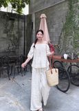  Set Nữ Linen Áo Trễ Vai Tiểu Thư Mix Quần Suông 
