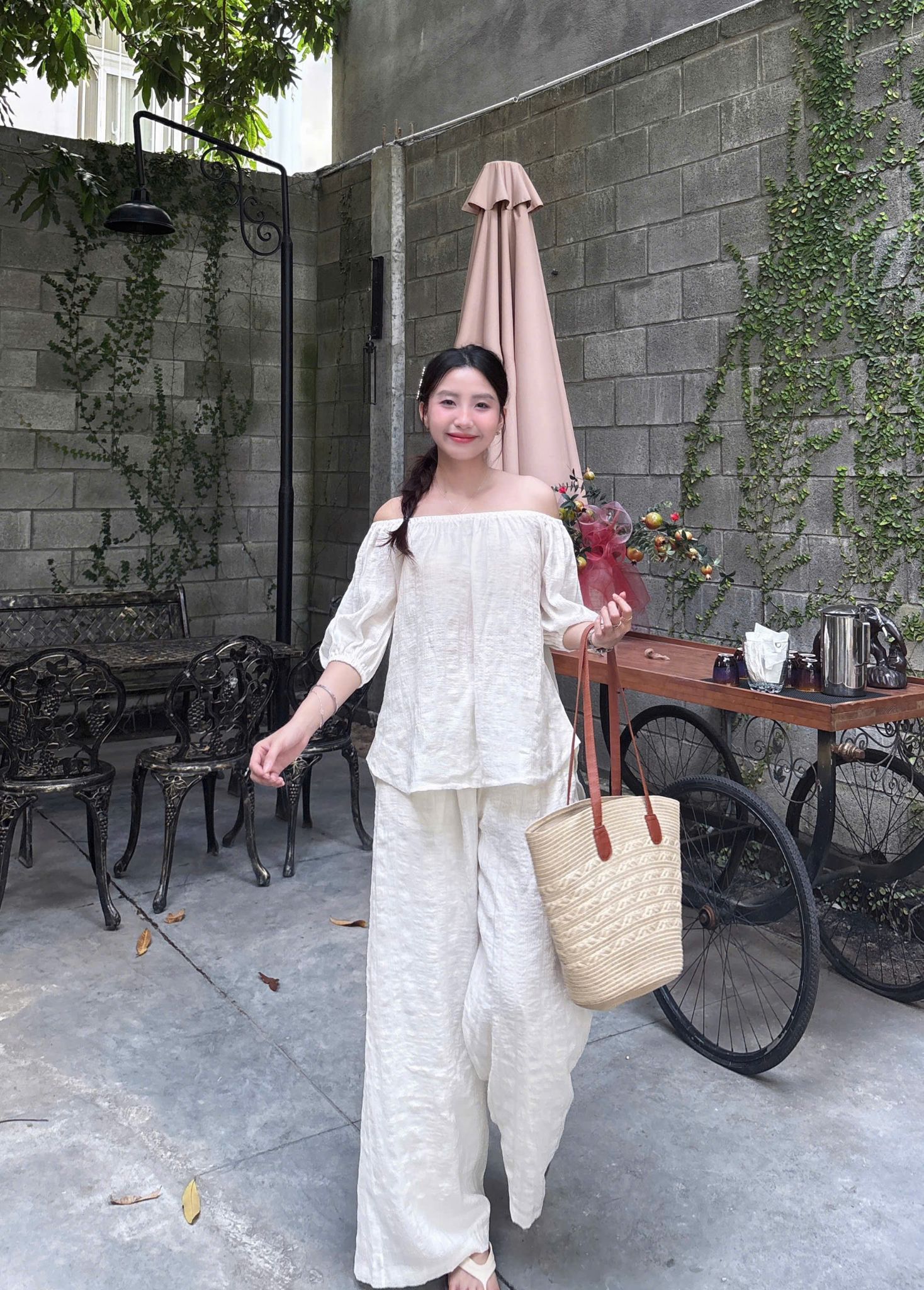  Set Nữ Linen Áo Trễ Vai Tiểu Thư Mix Quần Suông 