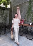  Set Nữ Linen Áo Trễ Vai Tiểu Thư Mix Quần Suông 