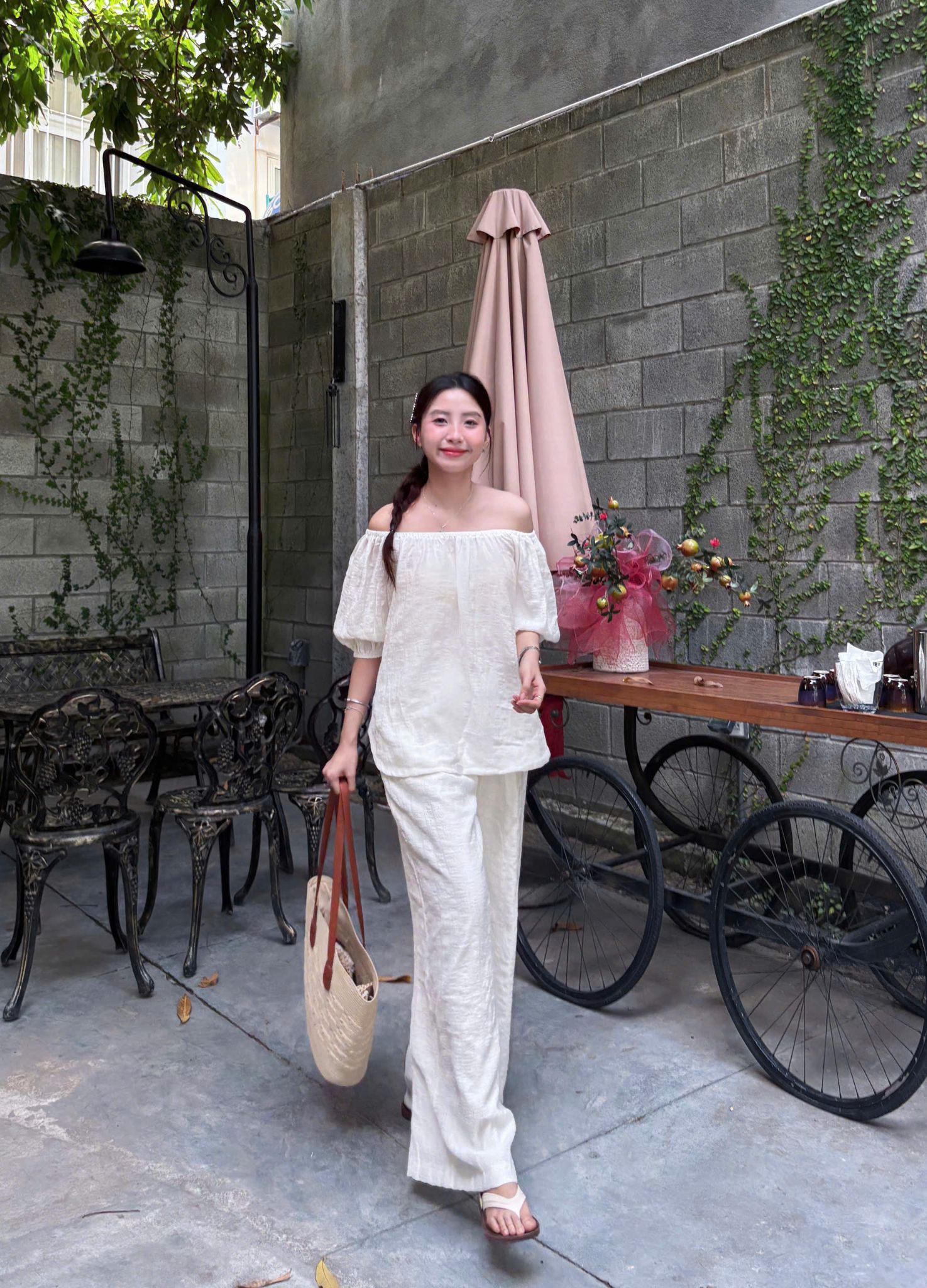  Set Nữ Linen Áo Trễ Vai Tiểu Thư Mix Quần Suông 