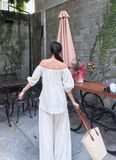  Set Nữ Linen Áo Trễ Vai Tiểu Thư Mix Quần Suông 