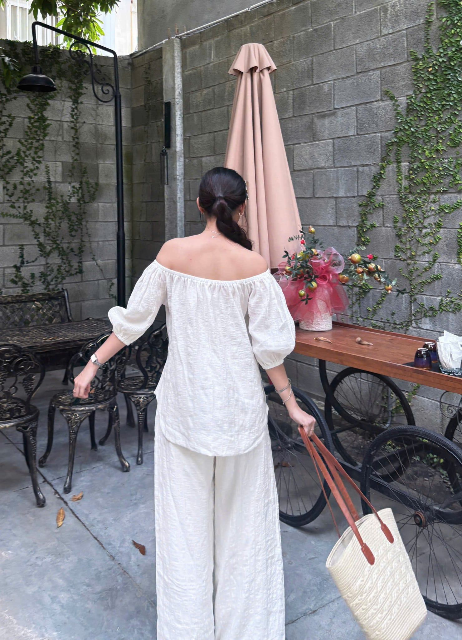  Set Nữ Linen Áo Trễ Vai Tiểu Thư Mix Quần Suông 