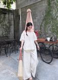  Set Nữ Linen Áo Trễ Vai Tiểu Thư Mix Quần Suông 
