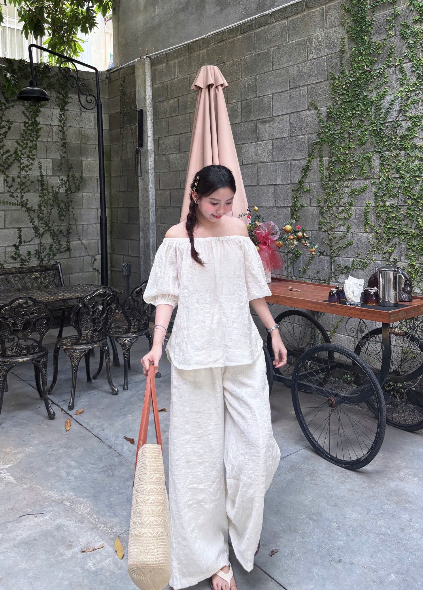  Set Nữ Linen Áo Trễ Vai Tiểu Thư Mix Quần Suông 