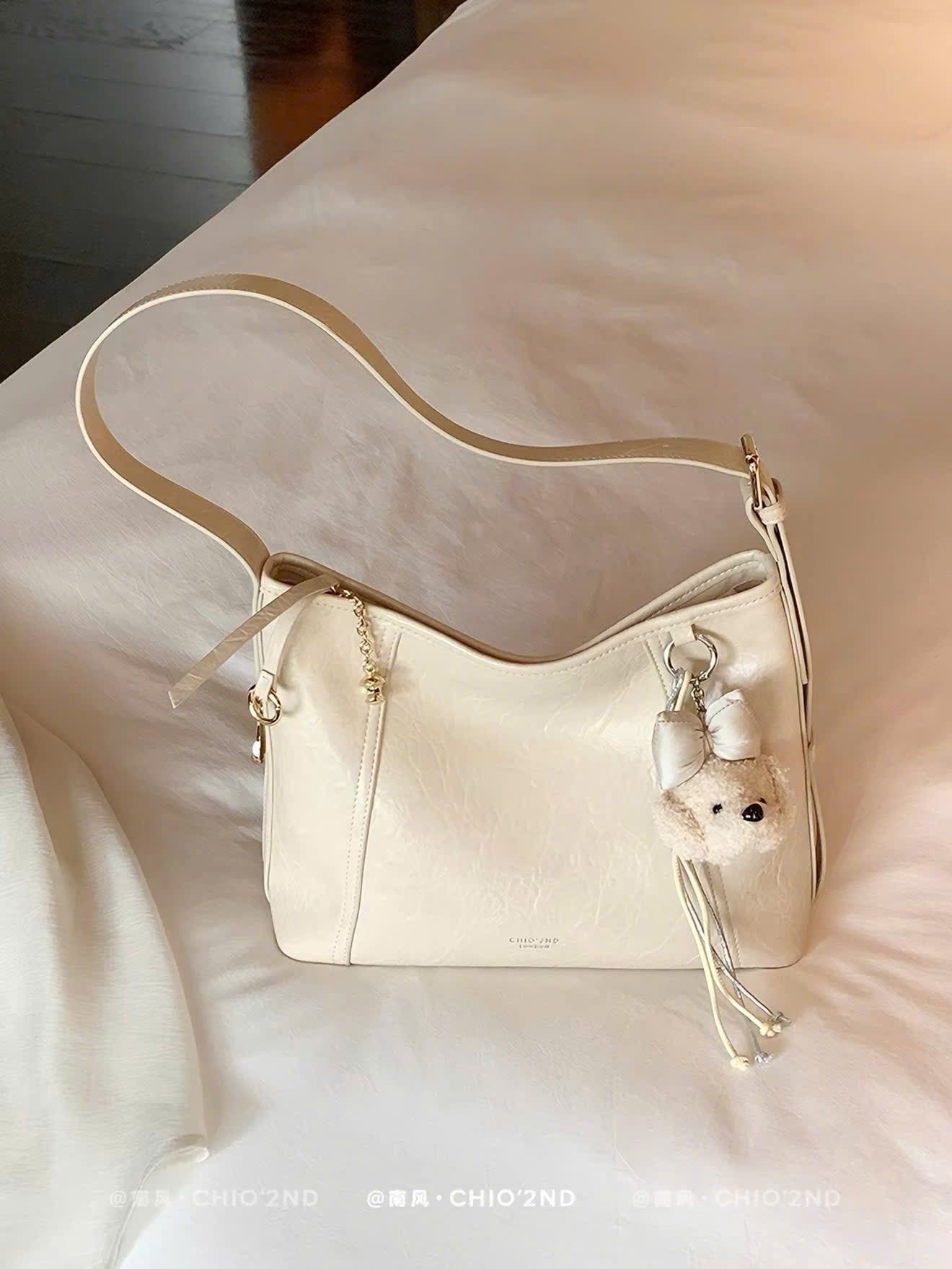  Túi Đeo Vai Nữ Màu Kem Vintage Kèm Móc Gấu Nơ Dễ Thương 