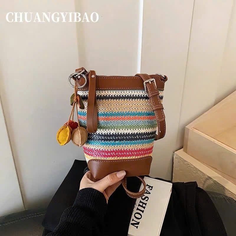  Túi bucket chio cói đan phối da nâu đeo chéo nữ 