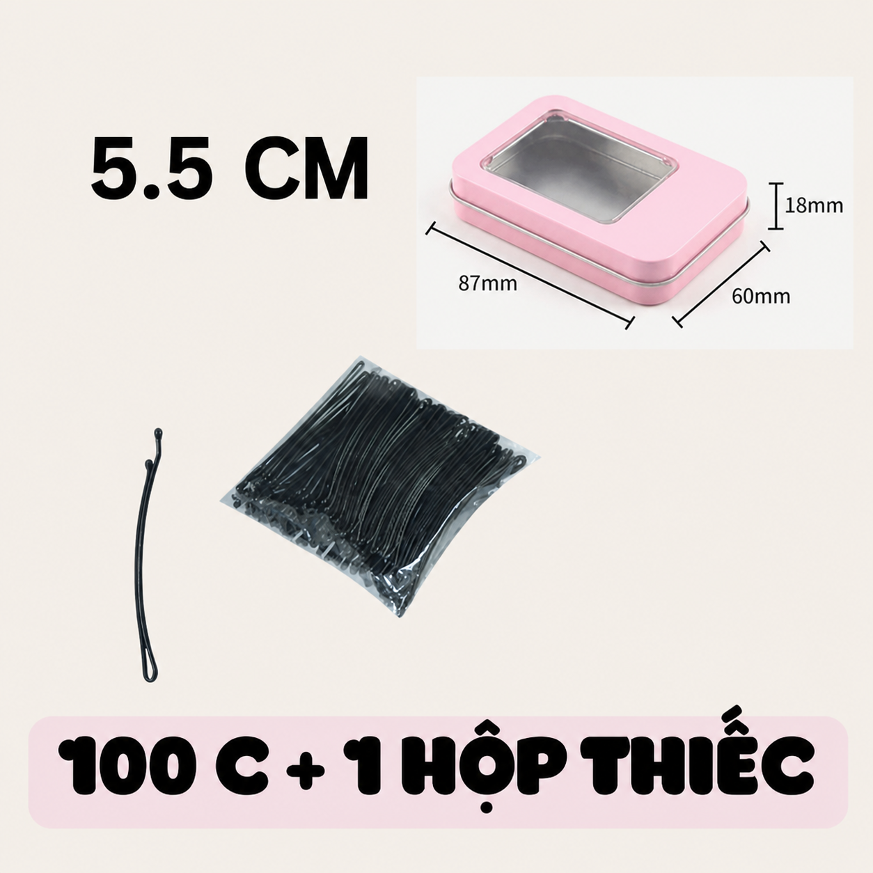  PK956 Hộp 100 chiếc kẹp tăm phụ kiện tóc 5.5 CM vòng cung Kẹp kim loại đen cổ điển dày dặn dài 6CM 