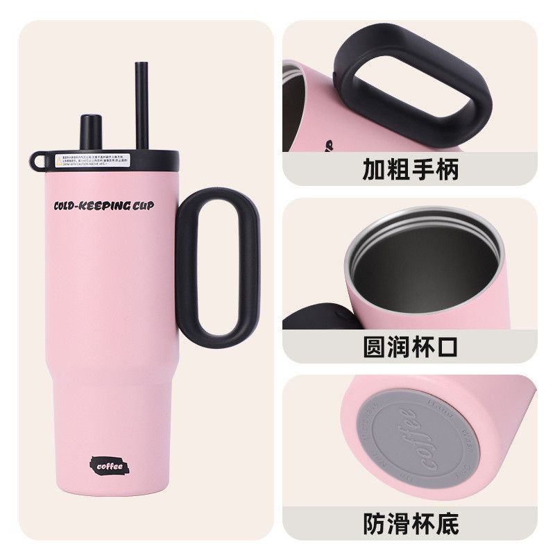  Cốc Giữ Nhiệt Ruột Sứ Vỏ Inox Cỡ Đại Dung Tích Lớn - Có Quai Cầm, Ống Hút, Giữ Nóng Lạnh Tốt [GIAO HÀNG 2-10 NGÀY | SỈ TỪ 2 TRIỆU | CÓ THỂ IN LOGO] 