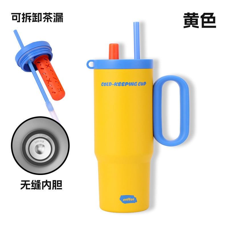  Cốc Giữ Nhiệt Ruột Sứ Vỏ Inox Cỡ Đại Dung Tích Lớn - Có Quai Cầm, Ống Hút, Giữ Nóng Lạnh Tốt [GIAO HÀNG 2-10 NGÀY | SỈ TỪ 2 TRIỆU | CÓ THỂ IN LOGO] 