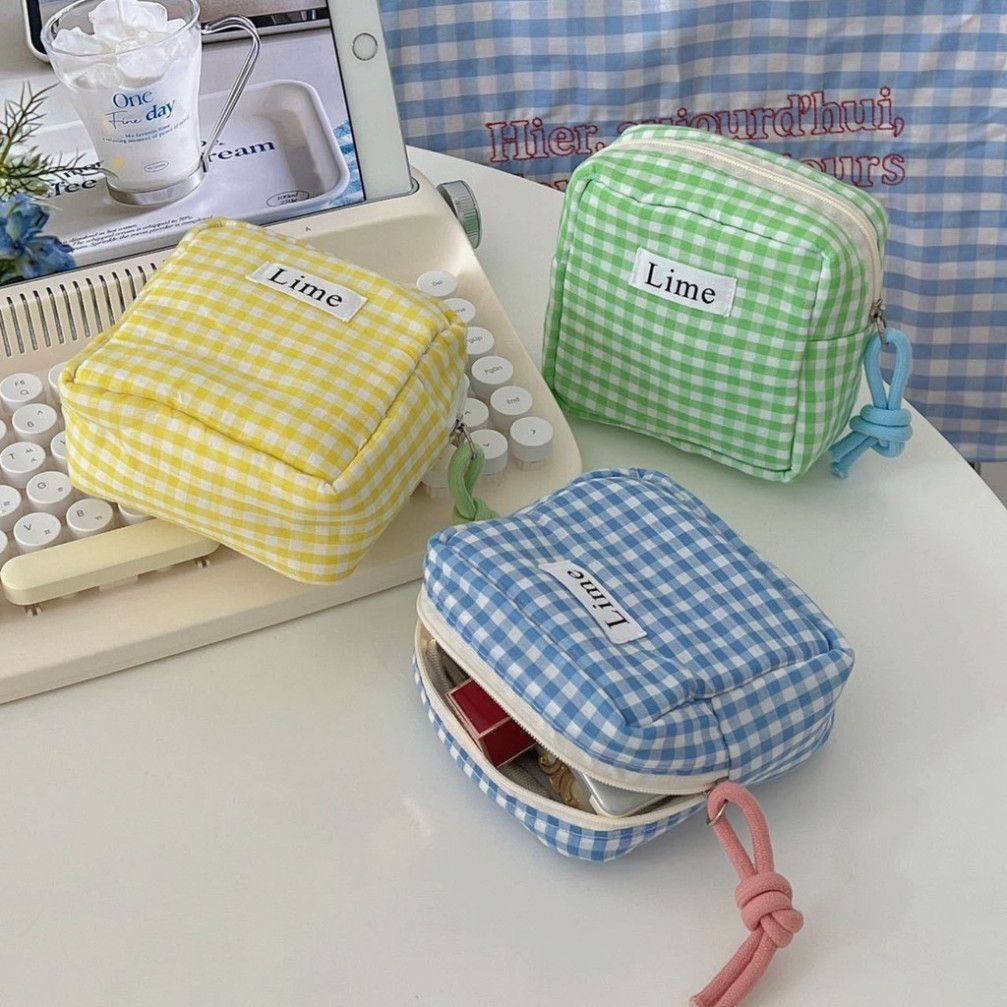  Bộ Đôi Túi Caro Xanh Nhỏ Xinh Bằng Vải Cotton Nhật Bản - Đựng Đồ Dễ Thương, Tiện Dụng! 