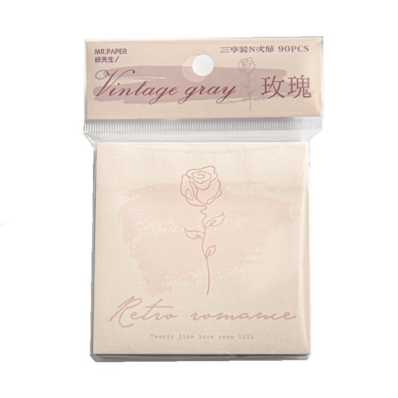  Giấy Ghi Chú Di Động 10M - Bộ Ba Gói Màu Xám Retro, Thiết Kế Vẽ Tay Hoa Hồng 