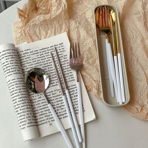  Bộ bộ đồ ăn 3 món gồm thìa, nĩa, đũa bằng inox, bộ dụng cụ ăn tiện lợi cho học sinh và người lớn, dùng một mình, 