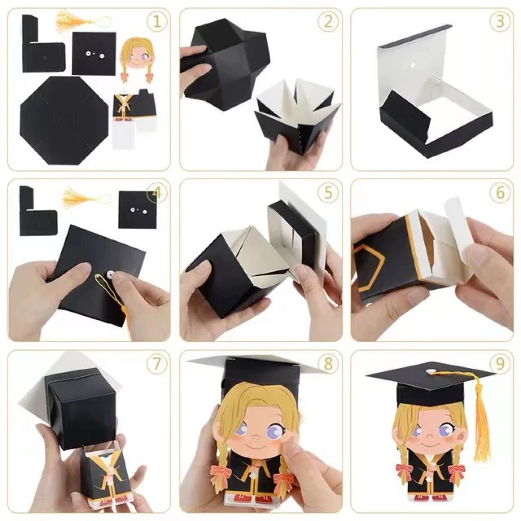  Q962 Hộp bánh ngọt, hộp kẹo , hôp quà tặng cầm tay mũ cử nhân ba chiều 