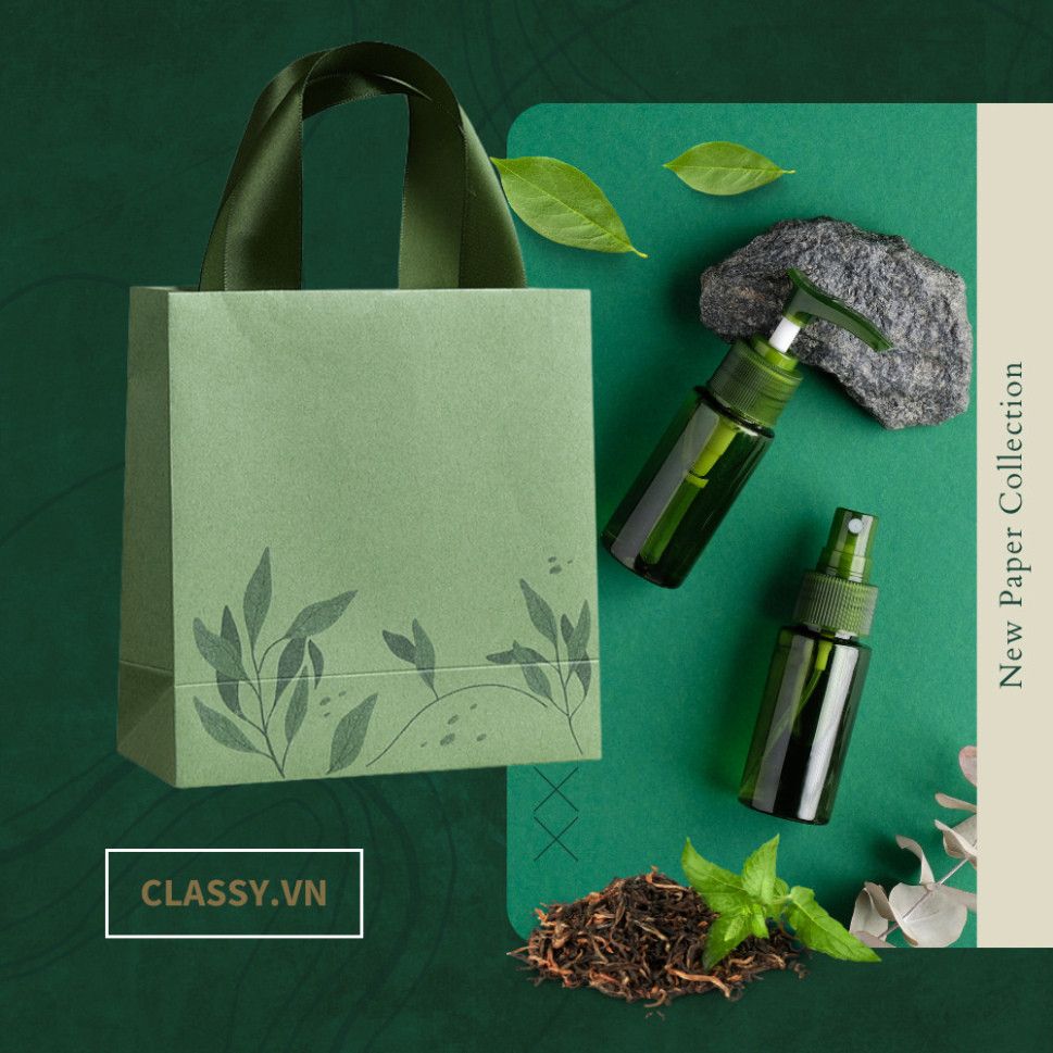  Bộ 5 Túi Giấy Đựng Quà Dây Ruy Băng Xanh Lá - Kích Thước 19.5x24.5x9cm cho Món Quà Organic Q1838 