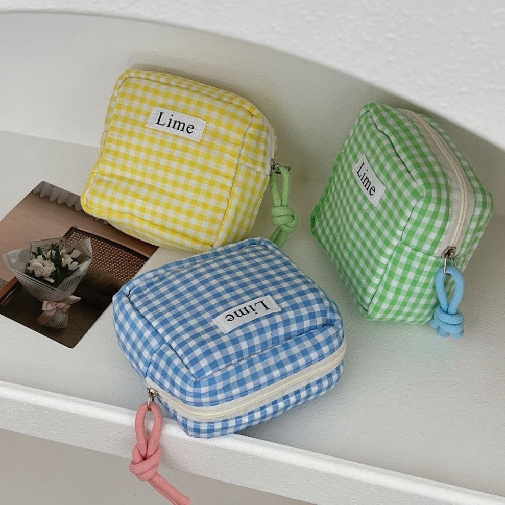  Bộ Đôi Túi Caro Xanh Nhỏ Xinh Bằng Vải Cotton Nhật Bản - Đựng Đồ Dễ Thương, Tiện Dụng! 
