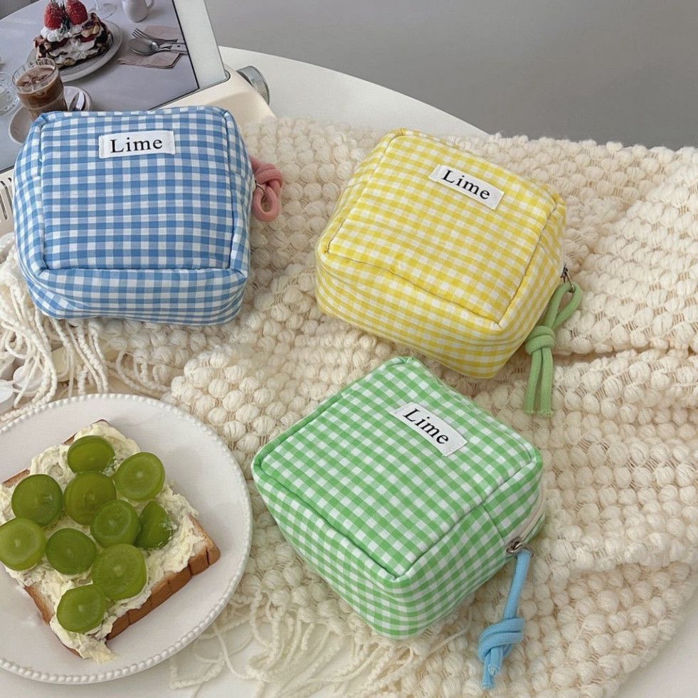  Bộ Đôi Túi Caro Xanh Nhỏ Xinh Bằng Vải Cotton Nhật Bản - Đựng Đồ Dễ Thương, Tiện Dụng! 