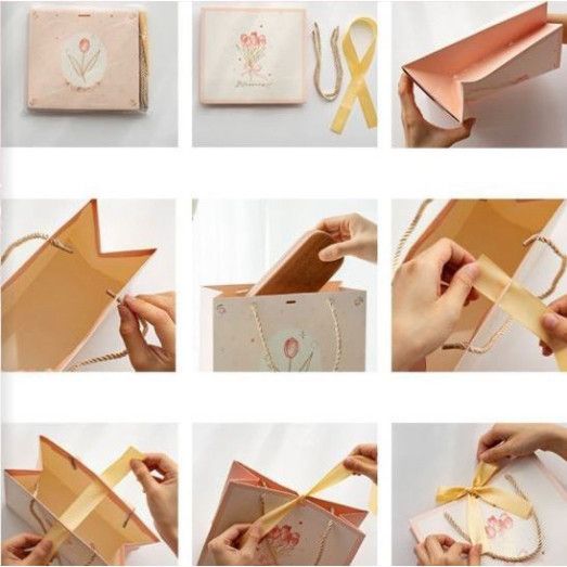  Túi Giấy Quai Dù Định Hình Cổ Điển, Kèm Ruy Băng - Phụ Kiện Quà Tặng Sang Trọng 