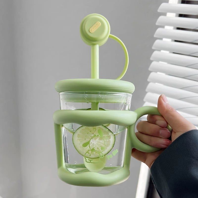  Cốc thủy tinh chịu nhiệt có ống hút, cốc mug gia dụng dễ thương 
