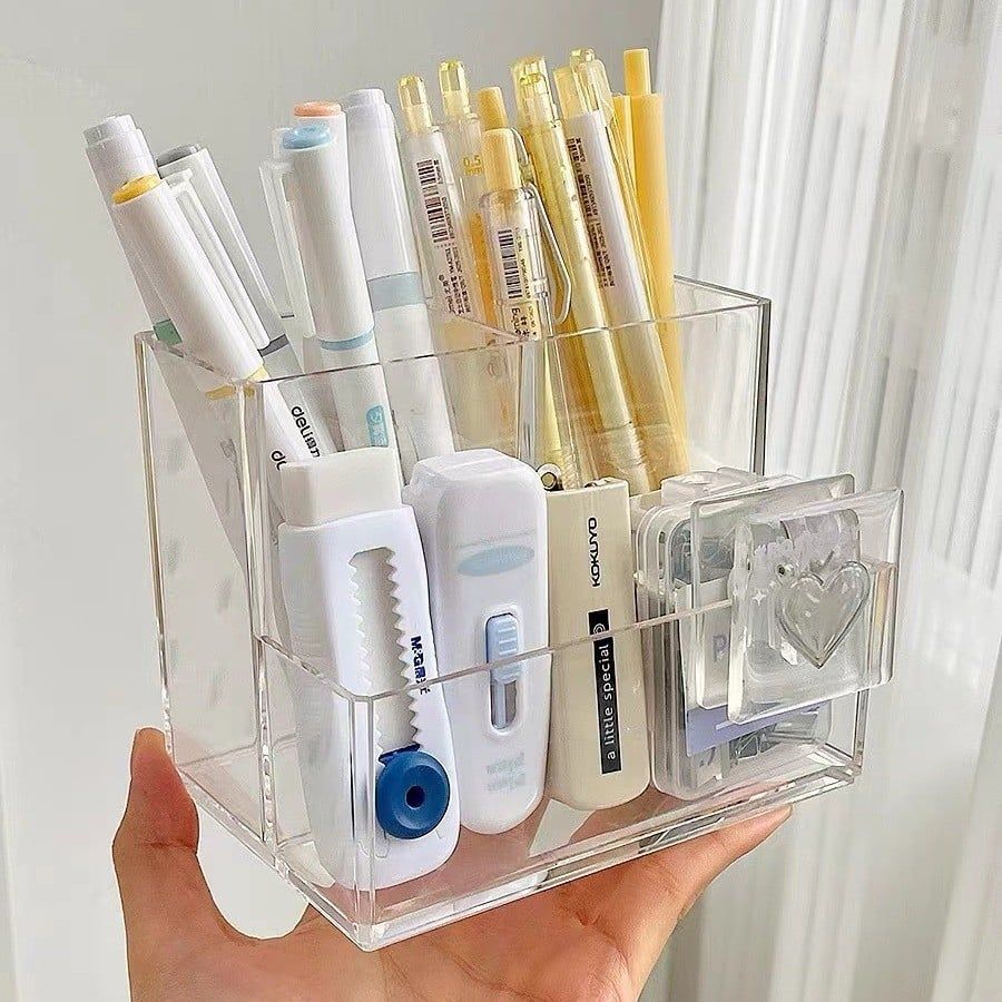  Hộp Bút Acrylic Trong Suốt 3 Ngăn - Hộp Đựng Bút Để Bàn Đa Năng, Văn Phòng Phẩm Phong Cách Đơn Giản [GIAO HÀNG 2-10 NGÀY | SỈ TỪ 2 TRIỆU | CÓ THỂ IN LOGO] 