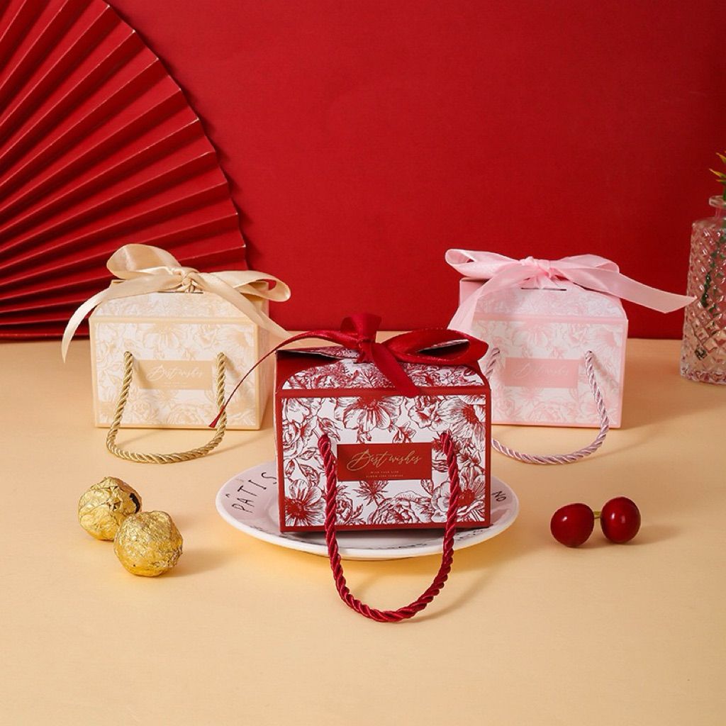  COMBO 5 Hộp Quà Tự Gấp Vuông Sang Trọng với Ruy Băng và Quai Xách Cho Lễ Tình Nhân 