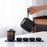  Bộ Ấm Trà Du Lịch Gốm Màu Đen - Set 1 Ấm 4 Chén Xách Tay, Dụng Cụ Trà Kung Fu, Quà Tặng Doanh Nghiệp, Văn Phòng [GIAO HÀNG 2-10 NGÀY | SỈ TỪ 2 TRIỆU | CÓ THỂ IN LOGO] 