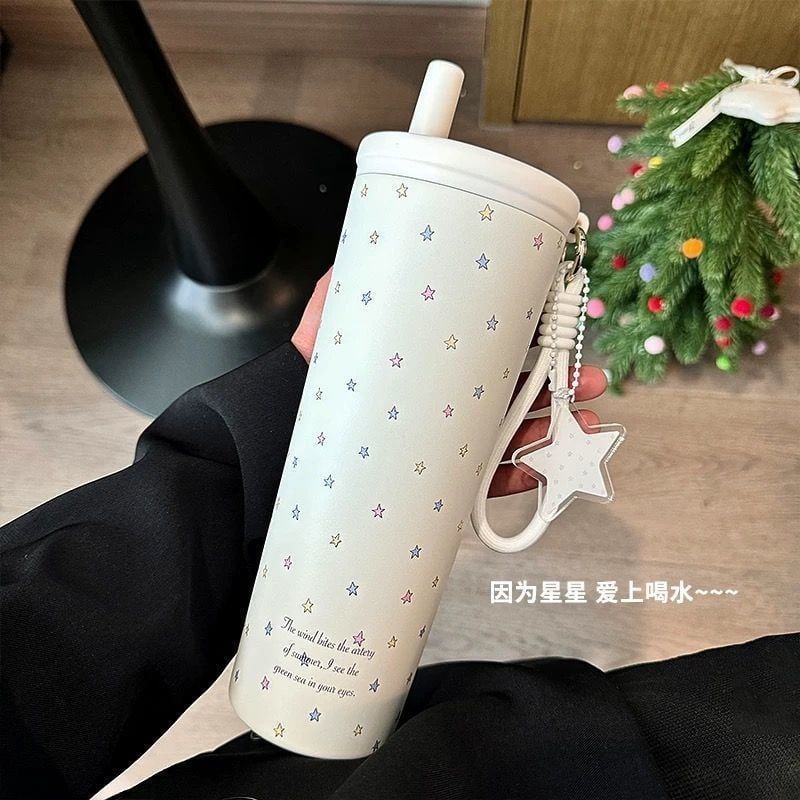  Cốc giữ nhiệt inox hình bầu trời sao, cốc có ống hút dung tích lớn cho nữ 