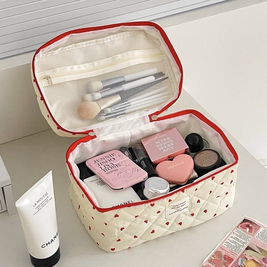 Túi Đựng Mỹ Phẩm Vải Cotton Màu Đỏ Hình Trái Tim - Túi Xách Đựng Đồ Trang Điểm, Phụ Kiện Du Lịch Dễ Thương, Xuất Khẩu [GIAO HÀNG 2-10 NGÀY | SỈ TỪ 2 TRIỆU | CÓ THỂ IN LOGO] 