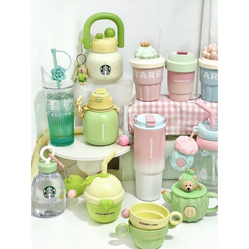  Cốc starbucks mọng nước loạt vườn hồng màu xanh lá cây gradient xương rồng ống hút thép không gỉ 