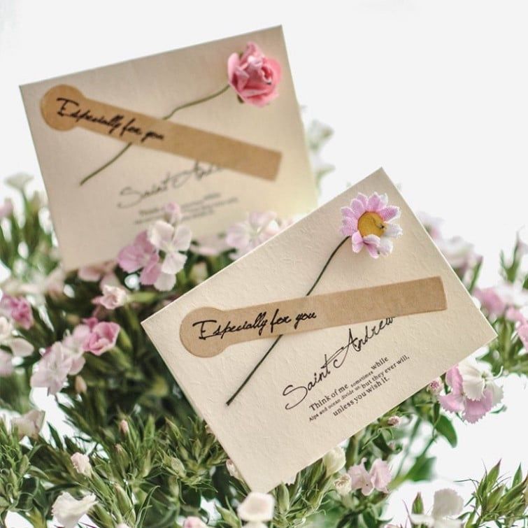  Bộ 10 Thiệp Vintage Gắn Hoa Khô + Phong Bì Kraft & Nhãn Dán Q626 