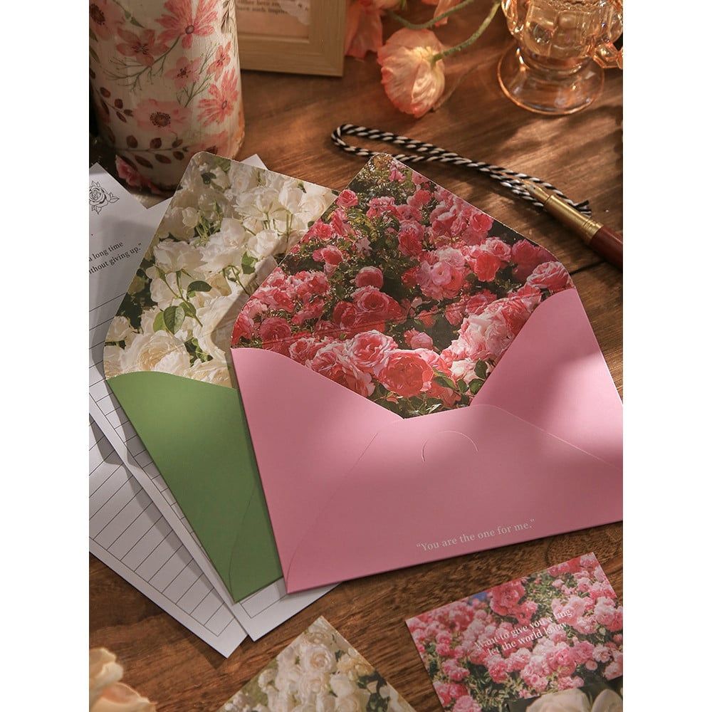 Bộ giấy thư và phong bì hoa hồng lãng mạn, set viết thư vintage cao cấp 