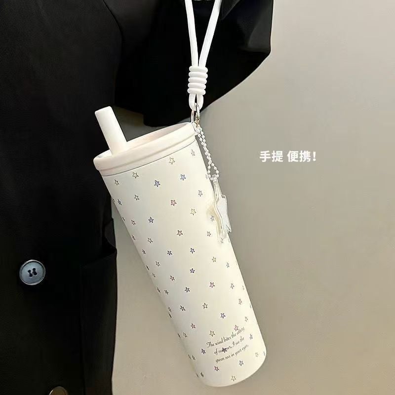  Cốc giữ nhiệt inox hình bầu trời sao, cốc có ống hút dung tích lớn cho nữ 