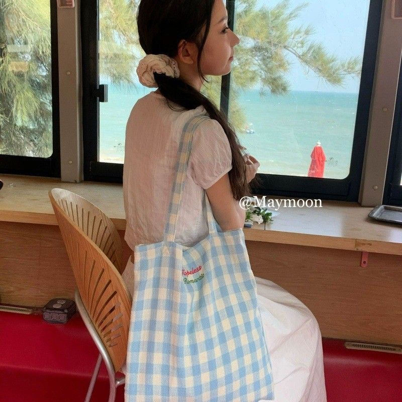  Túi vải kẻ sọc đeo vai phong cách hàn quốc hai màu nơ chữ cái mùa hè 