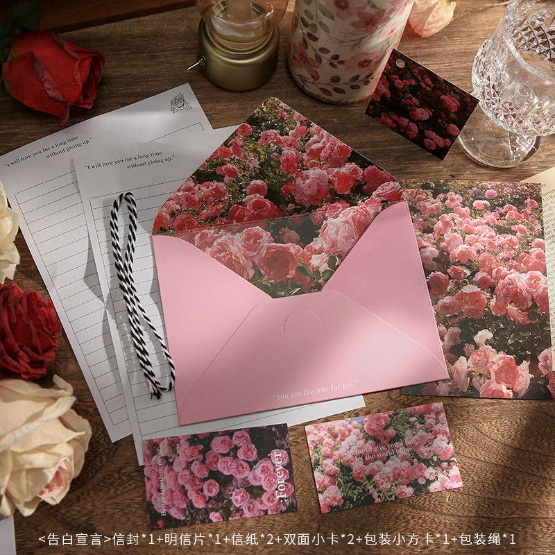  Bộ giấy thư và phong bì hoa hồng lãng mạn, set viết thư vintage cao cấp 