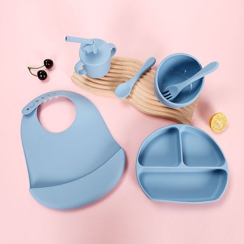  Bộ dụng cụ ăn bằng silicon cho trẻ sơ sinh và trẻ nhỏ: bát, nĩa, thìa bằng silicon, cốc uống nước, yếm ăn chống đổ, 