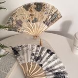  Quạt Gấp Trung Quốc Cổ Điển - Bộ Đôi Quạt Vải Vỏ Sò Độc Đáo (Hàng Đặt Trước) 