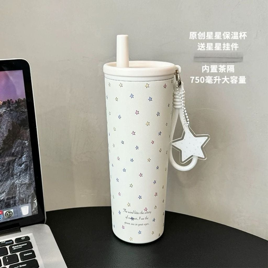  Cốc giữ nhiệt inox hình bầu trời sao, cốc có ống hút dung tích lớn cho nữ 