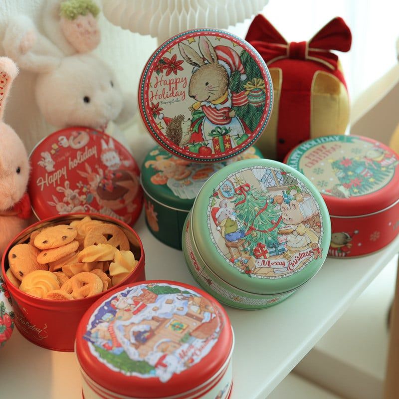  Hộp tròn nhỏ hộp giáng sinh hộp bánh quy hộp sắt màu đỏ hộp rỗng hộp quà kẹo 