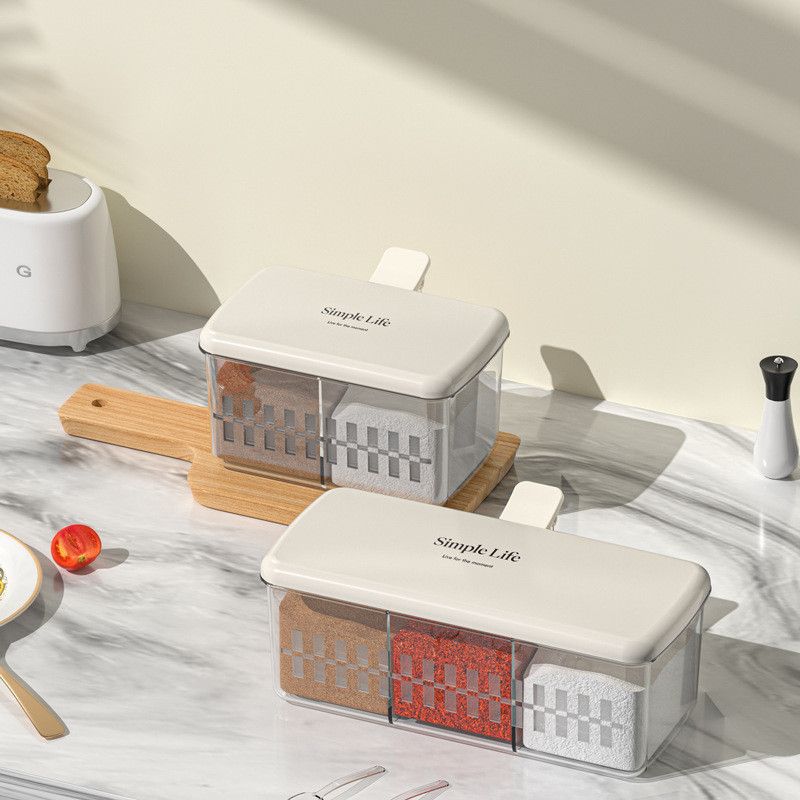  Hộp Gia Vị Nhựa Màu Kem 2-3 Ngăn Kèm Muỗng - Hộp Đựng Muối, Tiêu, Đường Gia Dụng Cho Nhà Bếp, Chống Tràn Mùi [GIAO HÀNG 2-10 NGÀY | SỈ TỪ 2 TRIỆU | CÓ THỂ IN LOGO] 