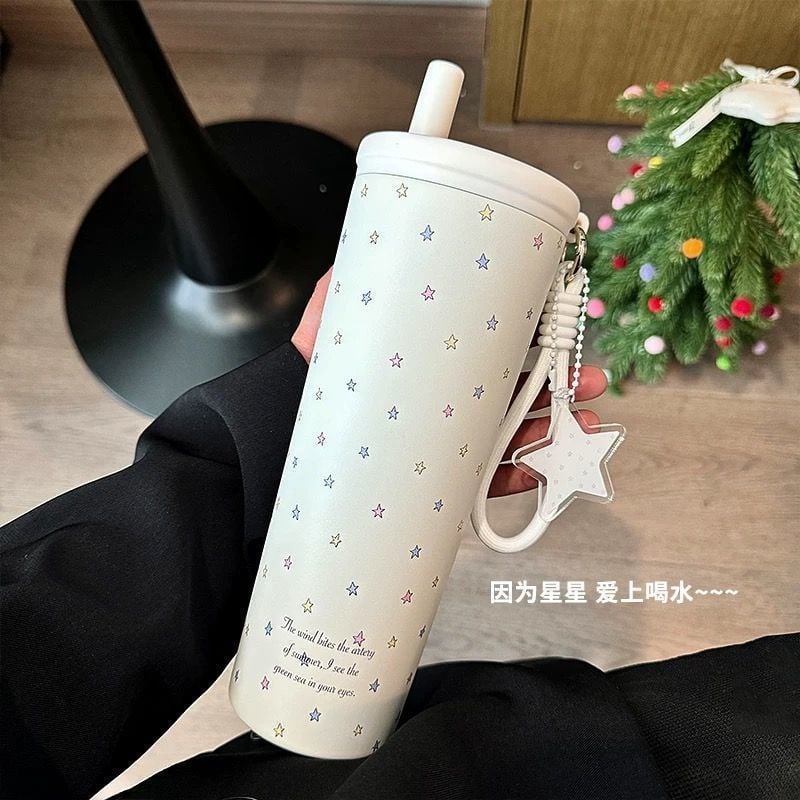  Cốc giữ nhiệt inox hình bầu trời sao, cốc có ống hút dung tích lớn cho nữ 
