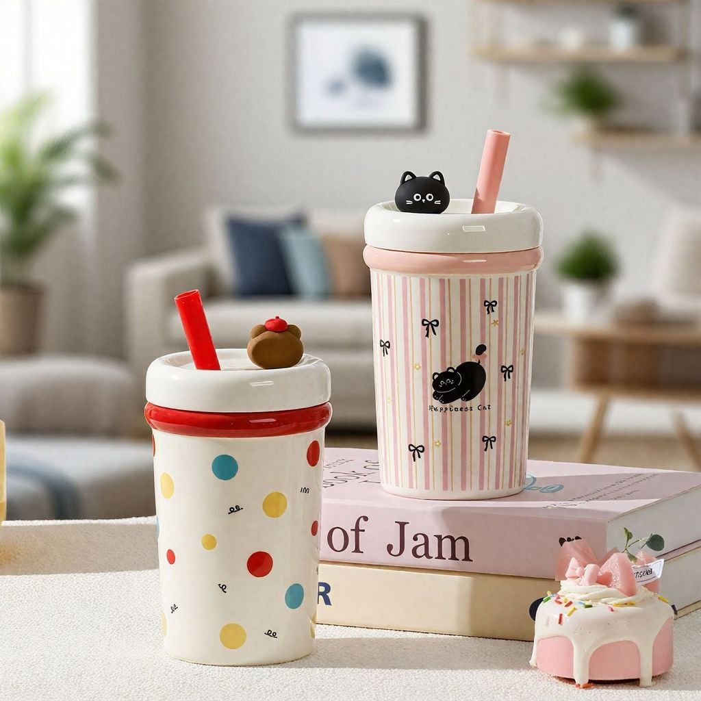  Cốc mug dung tích lớn có ống hút mẫu mới đáng yêu 