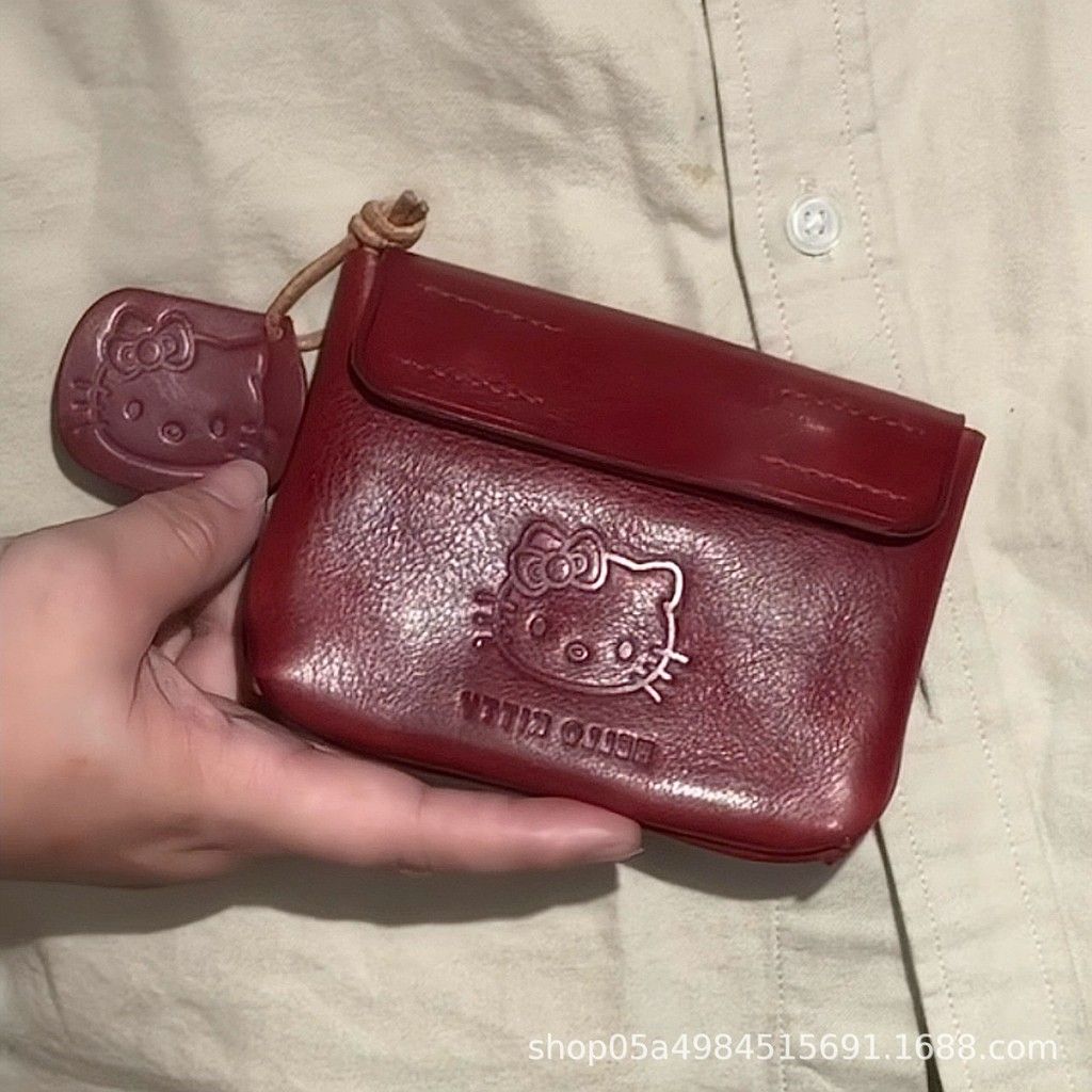  HelloKitty手工红色皮质零钱包可爱迷你kt便携耳机证件随身小卡包 