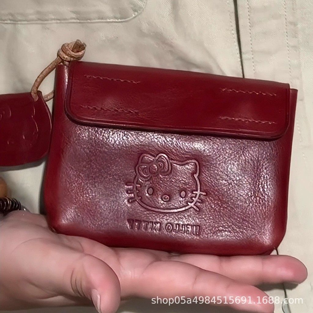  HelloKitty手工红色皮质零钱包可爱迷你kt便携耳机证件随身小卡包 