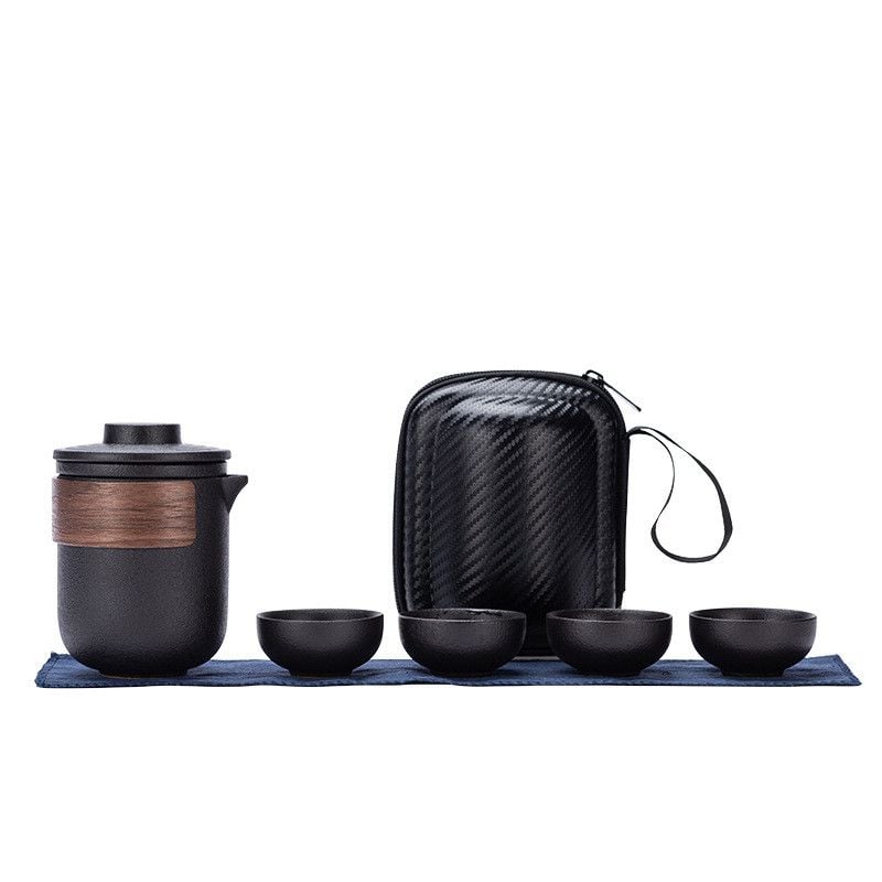  Bộ Ấm Trà Du Lịch Gốm Màu Đen - Set 1 Ấm 4 Chén Xách Tay, Dụng Cụ Trà Kung Fu, Quà Tặng Doanh Nghiệp, Văn Phòng [GIAO HÀNG 2-10 NGÀY | SỈ TỪ 2 TRIỆU | CÓ THỂ IN LOGO] 