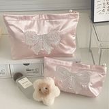  Túi Trang Điểm Nơ Ngọc Trai Satin Thêu Màu Hồng Xuyên Biên Giới [GIAO HÀNG 2-10 NGÀY | SỈ TỪ 2 TRIỆU | CÓ THỂ IN LOGO] 
