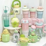  Cốc starbucks mọng nước loạt vườn hồng màu xanh lá cây gradient xương rồng ống hút thép không gỉ 