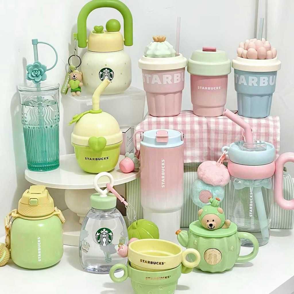  Cốc starbucks mọng nước loạt vườn hồng màu xanh lá cây gradient xương rồng ống hút thép không gỉ 