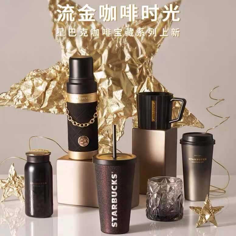  Cốc starbucks coffee treasure series dòng chảy vàng retro mark ống hút giữ nhiệt để bàn 